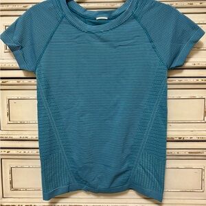 Athleta Striped Teal Short Sleeve Top